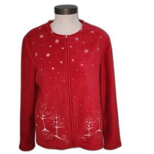 Croft & Barrow Red Winter Scene Zipper Fleece Jacket Top Size M